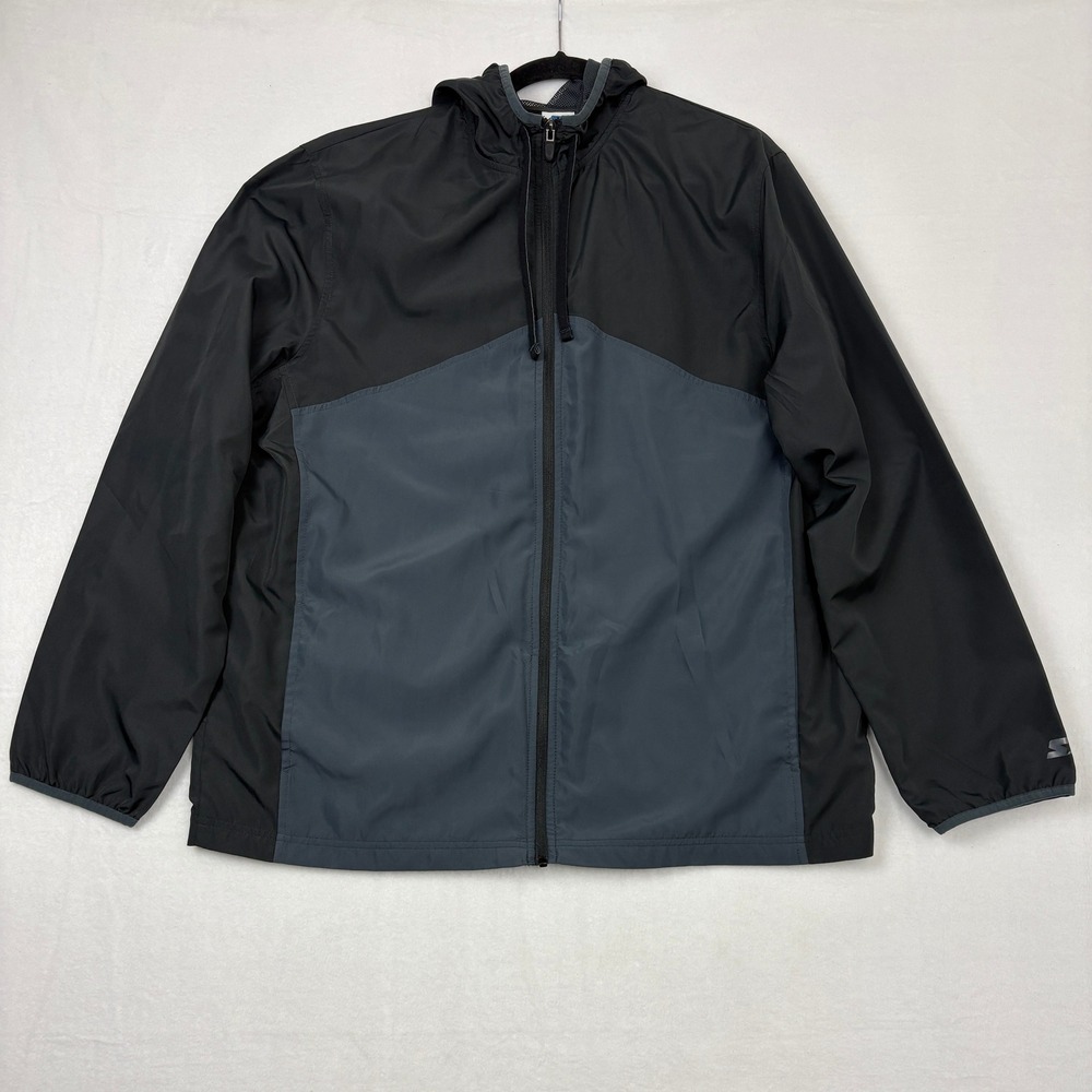 Starter Mens XL Hooded Windbreaker Jacket Black Gray Colorblock Full Zip RM35443